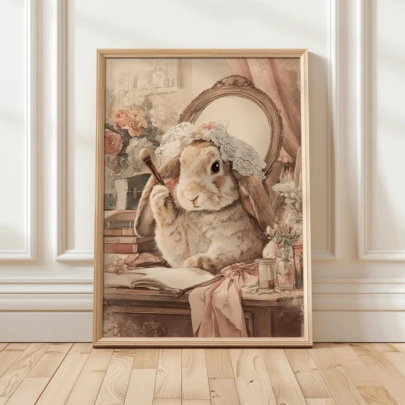 1幅兔小姐化妆主题日式帆布画，女孩卧室墙面装饰，可爱女孩艺术画，励志语录艺术画，家居装饰，帆布墙画