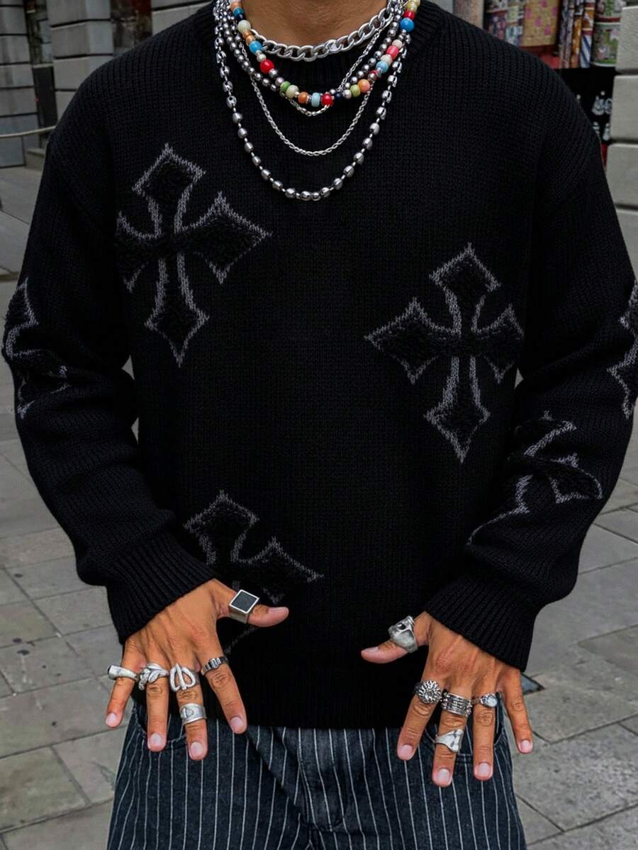 Men's Casual Loose Cross All-Over Pattern Vintage Streetwear Knitted Pullover Sweater, Autumn/Winter, Long Sleeve Top