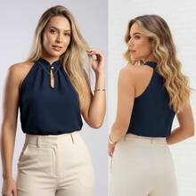 Women's Elegant Tank Top With High Neck, Pearl Detail, And Button Closure - Navy Blue - View 3