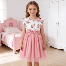 Girls Rose Print Dress, Pink Mesh Flared Skirt, Flutter Sleeves, Cinched Waist Princess Dress, Summer - Pink - View 1