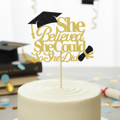 1pc Shiny "She Believed She Could, So She Did" Graduation Cake Topper, Shiny Gold Graduation Party Decor, 2026 Girls Graduation Cake Decoration, High School/College Graduation Supplies