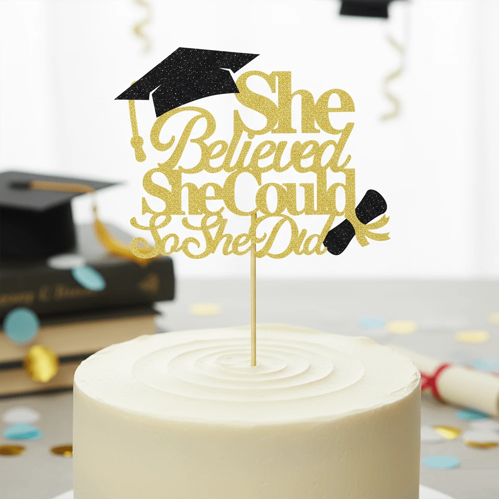 1pc Shiny "She Believed She Could, So She Did" Graduation Cake Topper, Shiny Gold Graduation Party Decor, 2026 Girls Graduation Cake Decoration, High School/College Graduation Supplies - Multicolor - View 1