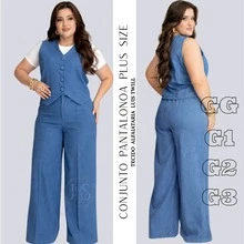 Women's Plus Size Tailored Set: Vest And Wide-Leg Pants - Business/Work Outfit - 藍色牛仔褲 - 查看 2