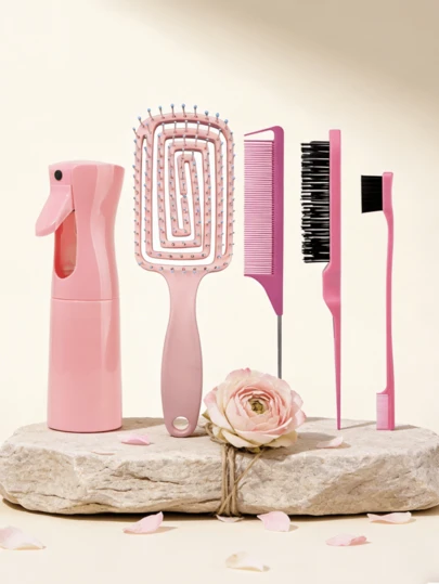 5pcs Hair Styling Tool Set, Includes 2 French Braiding Rings, Hair Cutting Scissors With Leather Case, Volumizing Hair Brush, Pointed Tail Comb, Edge Brush (For Hairline & Back-Brushing), Detangling & Smoothing Hair Tools, Brush, Comb, Hair Products & Accessories, Suitable For Salon, Beauty Parlor, Back To School, Travel & Vacation