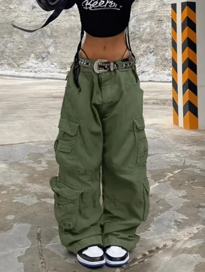 Pantalones cargo anchos de unicolor estilo Y2K con cordón en la cintura, elástico, múltiples bolsillos, pierna ancha, pantalones paracaídas para uso diario casual, viajes, salidas, hip hop, club, escuela, ropa de otoño para mujer