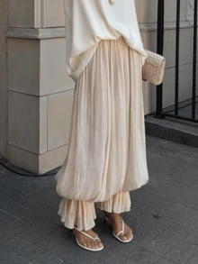 Women Baggy Balloon Long Pants Bubble Pleated Oversized Bloomers Elastic High Waist Wide Leg Lantern Harem Pants - Bụi hồng - Xem 4