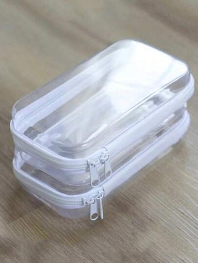 1pc/2pcs Transparent Hard Shell Storage Box - Durable Dual-Layer Clear PVC Storage Bag For Travel, Cosmetics And Toys - Portable, Stackable, Space-Saving, Zipper Opening, Dual Zipper Hard Shell Transparent Storage Box, Waterproof Storage Case