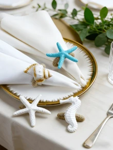 4-20 件手工编织天然亚麻绳和树脂海星餐巾环，适用于户外、主题派对、节日餐桌装饰 - 彩色 - 查看 2
