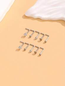 10pcs Multi-Style Cubic Zirconia Stud Nose Rings, Straight & Curved Stainless Steel Nose Piercing Jewelry, Suitable For Women's Daily Wear