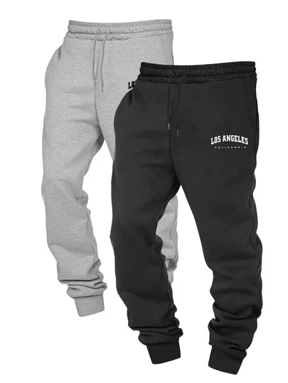 2pcs Men's Drawstring Waist Solid Color Sweatpants & Long Printed Athletic Pants, Basic Fitness