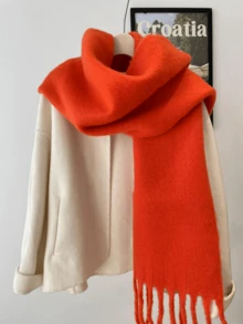 1 pieza Bufanda de unicolor, prenda para el cuello cálida, chal de punto grueso con flecos, adecuado para el invierno - Naranja - Ver 3