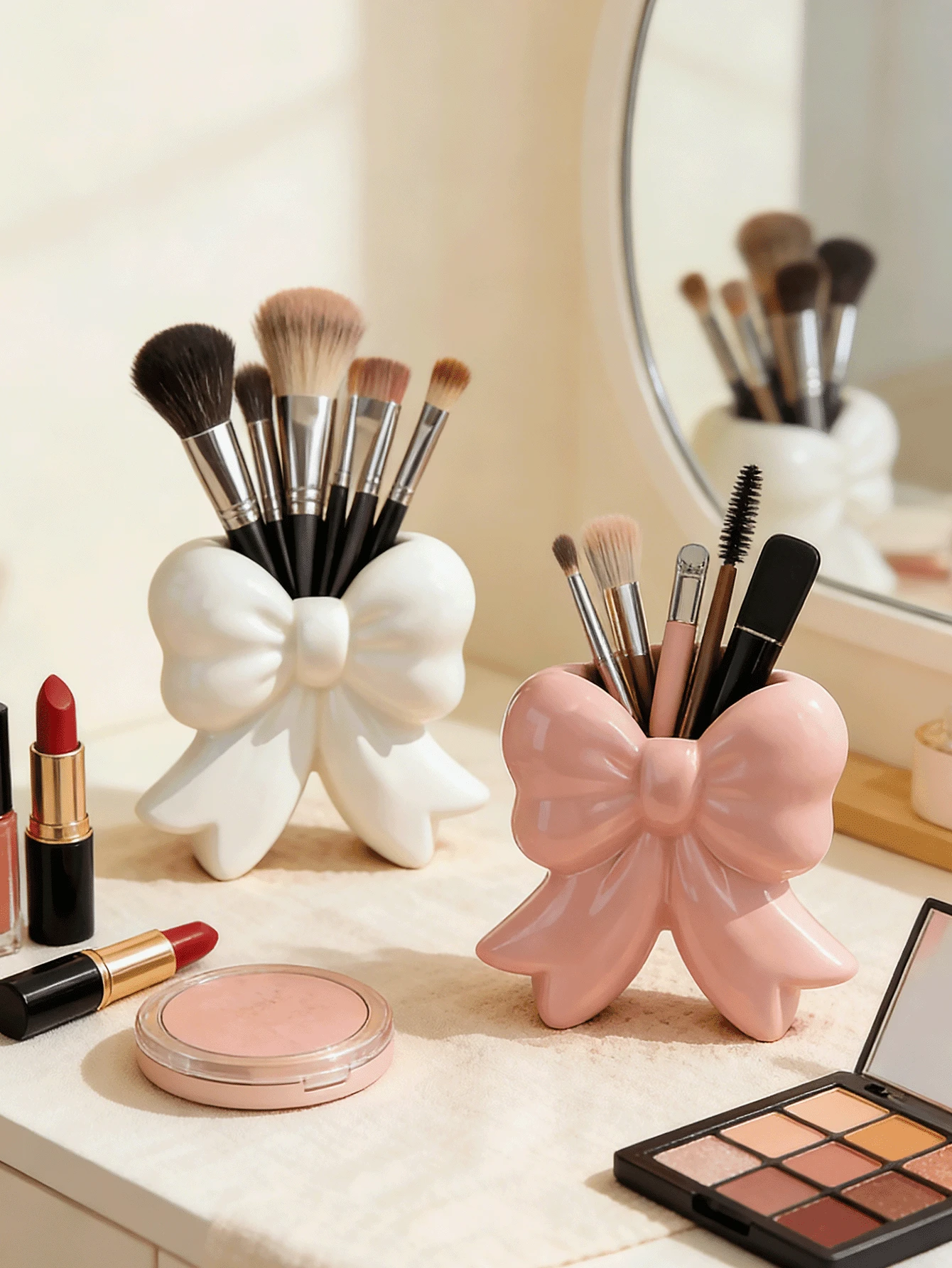 1pc Cute Bow-Shaped Nordic Style Dressing Table Brush Holder - High-Performance, Multi-Functional Pen Holder And Ornament Design. Elegant Makeup Brush Storage, Suitable For Girls, Students, And Women. Creative Decorative Design, Also Suitable For Offices, Home Decor, And Storage Space. - Multicolor - View 1