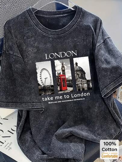女士超大款复古黑色长袖T恤，趣味“伦敦建筑”印花，宽松版型，柔软舒适