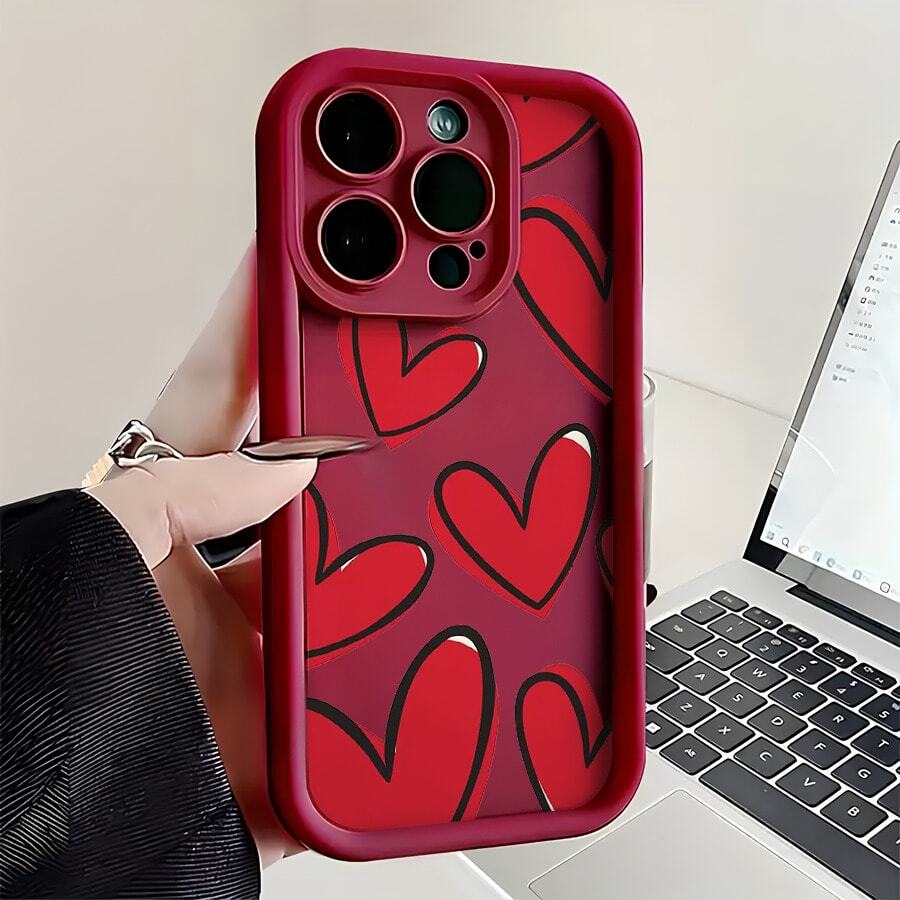 Esta vibrante funda para teléfono, pintada a mano en rojo y negro, con estampado de corazones es compatible con los modelos Apple  16E/15/14/13/12/11/PRO/PLUS/PROMAX/MINI, S/A/M/NOTE, S/G/EDGE/E, Transition Spark/HANTOM/CAMON/INFINIX, Honor 400/PLAY/X/Y, OPPO Reno/A/F, 14/Redmi/POCO/NOTE y otros. Está hecha de TPU transparente, simple, elegante y duradero. Es ideal para San Valentín, Halloween, Navidad, para uso personal o como regalo. - Burdeos - Ver 1