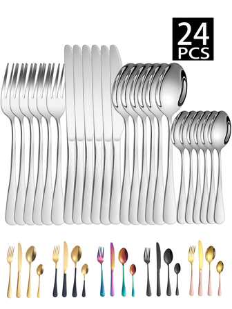 4/16/24 delar bestickset i rostfritt stål, inkluderar knivar, gafflar, skedar, dessertskedar, lämplig för hemmakök, hotellrestaurang, julklappar etc.