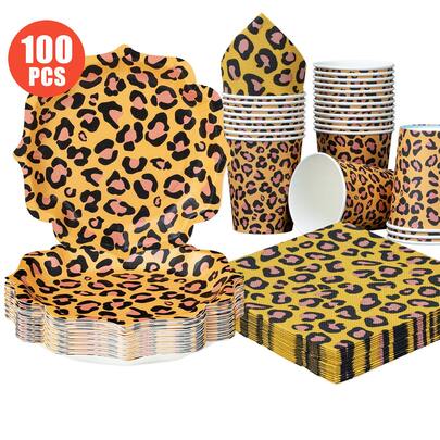 Leopard Print Petal Shaped Disposable Plates, Napkins, Cups - One-Time Party Supplies Set, Suitable For 25 Guests, Disposable Paper Plates Party Tableware For Birthday, Wedding, Theme Party, Family Picnic
