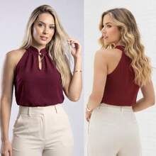 Women's Elegant Tank Top With High Neck, Pearl Detail, And Button Closure - Redwood - View 4