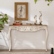 43.31" French Country Carved Console Table - Antique White Distressed Solid Wood & MDF Entry Table With Curved Legs For Hallway/Living Room - White - View 6