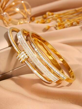2/3pcs 18K Gold Plated Stainless Steel Crystal Bangle Bracelet, Elegant Everyday Wear For Women, Waterproof & Fade-Resistant