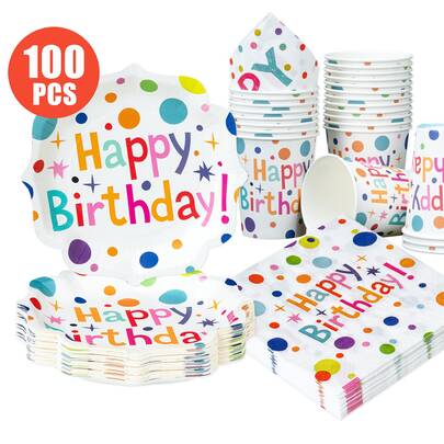 Colorful Polka Dot Petal Shaped Disposable Plates, Napkins, Cups - One Time Use Party Supplies Set For 25 Guests, Disposable Paper Plates Party Tableware Suitable For Birthday, Wedding, Theme Party, Family Picnic