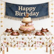 Western Cowboy Tablecloth - Rustic Boho Pink & Brown Table Cover With Bull Skull, Cowboy Boots & Western Motifs - Decorative Tablecloth For Cowboy Party Supplies, Birthday, Picnic, Indoor/Outdoor Dining - Fits Most Rectangular Tables - Multicolor - View 7