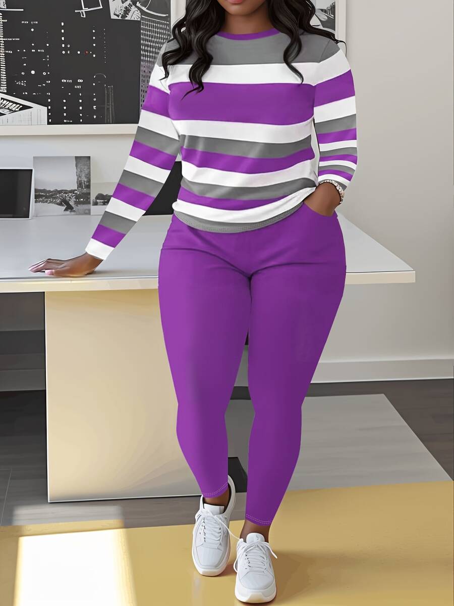 Plus Size Striped Long Sleeve Top And Solid Color Pants Set - Casual Polyester Blend With Pocket Detail, Medium Stretch Fabric, Round Neck Women'S Plus Size Outfit - 紫色 - 查看 1