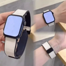 Crazy Horse Grain PU Leather Magnetic Strap, Suitable For Apple Watch 40mm/42mm/38mm/44mm/46mm/45mm/49mm, Series 10/9/8/7/6/5/3/SE/2/Ultra, Unisex, PU Leather Material, Suitable For Sports, Casual And Business, High-End Smart Watch Accessory - White - View 3