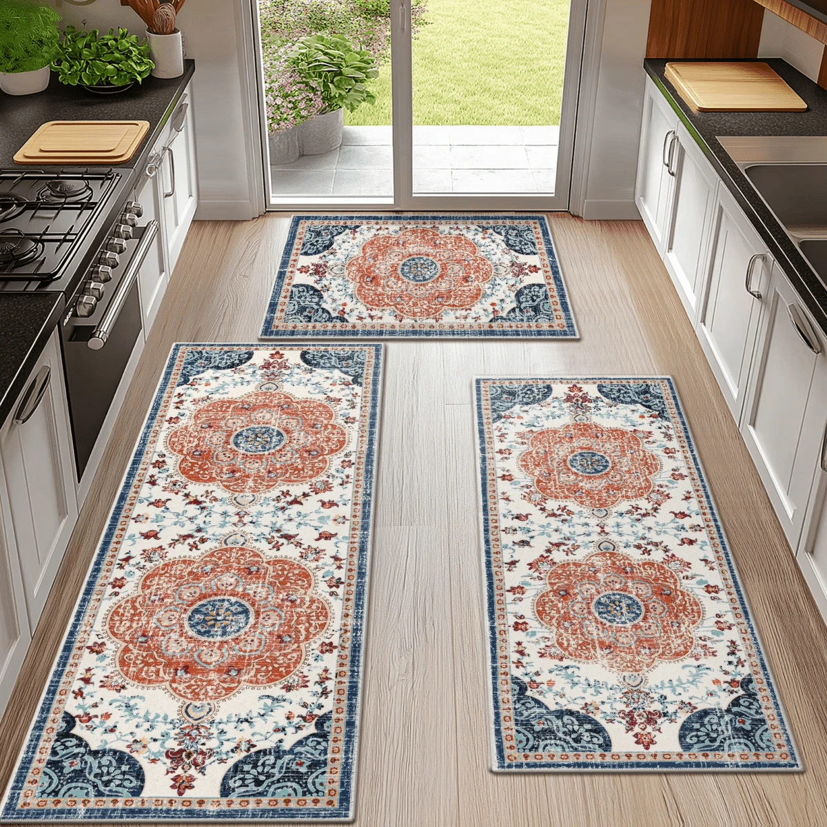 Pauwer 3 Piece Kitchen Mats For Floor Set Boho Non Slip Kitchen Rugs Washable Farmhouse Kitchen Floor Mats Thick Long Kitchen Throw Area Rug Carpet Runner For Hallway Laundry Bathroom - Red Flower - View 1
