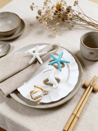 4-20 piezas Anillos de servilleta hechos a mano con cuerda de lino natural y estrella de mar de resina, adecuados para uso en exteriores, fiestas temáticas, decoración de mesa de comedor festiva