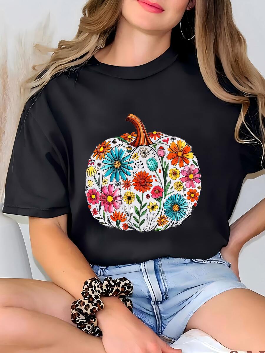 Womens Floral Pumpkin Fall Sweater, Boho Floral Fall Sweatshirt, Floral Pumpkin Sweat, Fall Vibes Sweat, Boho Fall Pumpkin Wear, Floral Woman Sweat T-Shirt - màu đen - Xem 1