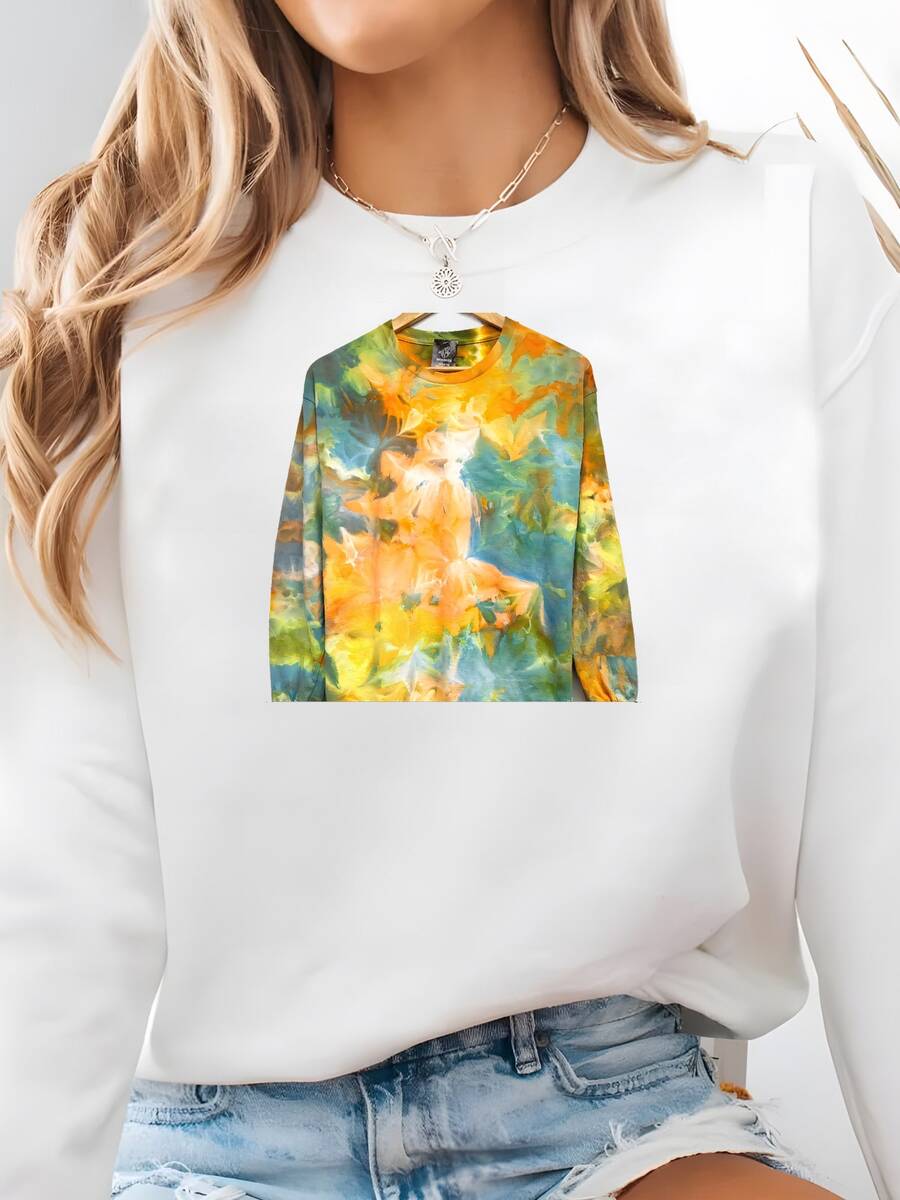Teñido A Mano Acuarela Tie Dye Sudadera Larga Sve (s-5xl) Sudadera - Blanco - Ver 1
