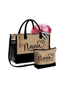 3-Piece Linen Tote Bag Set, Featuring Nana Love Letter Pattern, Fashion Handbag, Wallet, Portable Casual Storage Tote Bag, Large Capacity Tote, Multifunctional Shoulder Bag, Handbag, Fashionable Travel Storage Bag, Hygiene Bag, Perfect For Holiday, Birthday, Valentine's Day, Autumn/Winter Gifts - Multicolor - View 16