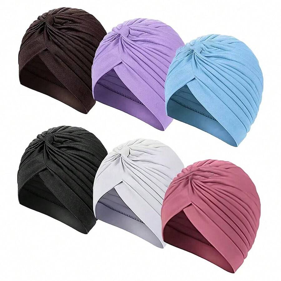 1pc Women's Elastic Pleated Textured Solid Color Headscarf - Headwrap With Breathable Lining, Boho Fashion Base Cap, Versatile & Comfortable For Daily Wear Hair Sleep Cap - Multicolor - View 1