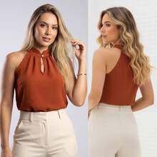 Women's Elegant Tank Top With High Neck, Pearl Detail, And Button Closure - 駝色 - 查看 6