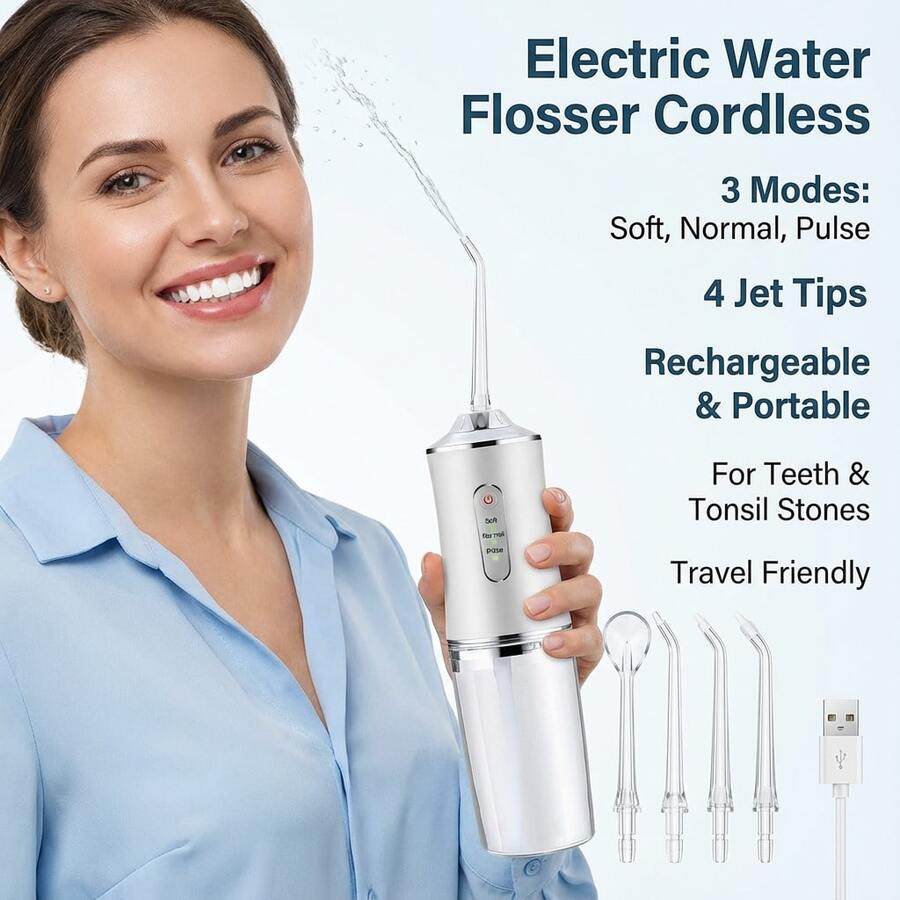 Rechargeable Electric Water Flosser Cordless Portable Oral Irrigator Dental Water Jet Professional Teeth Cleaning System With 3 Modes 4 Jet Tips For Deep Cleaning And Oral Health Improvement - Multicolor - View 1