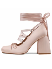 Ballet Mary Janes High Heels For Women Square Toe Satin Lace Up Ballerina Stiletto Heels With Bow Elegant Wedding Party Slingback Pump Heels For Women  - a裸色 - 查看 6
