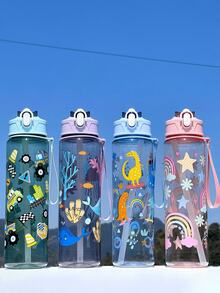 1pc 800ml Animal Dinosaur Straw Cup, Outdoor Sports Camping Water Bottle, Large Capacity Portable Cute Lady Office Water Bottle, Gradient Color Plastic Cup, Valentine's Day Gift - Multicolor - View 4