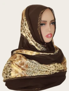 1 Stück modischer, eleganter muslimischer Hijab Kopftuch für Frauen, Patchwork Druckmuster mit Strass-Handwerkskunst, orientalischer Stil langer Schal - langer Schal im Patchwork-Stil mit Leopardenmuster - Übersicht 17