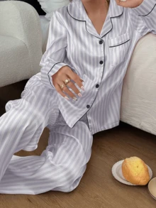 2件套女士灰色条纹长袖睡衣套装