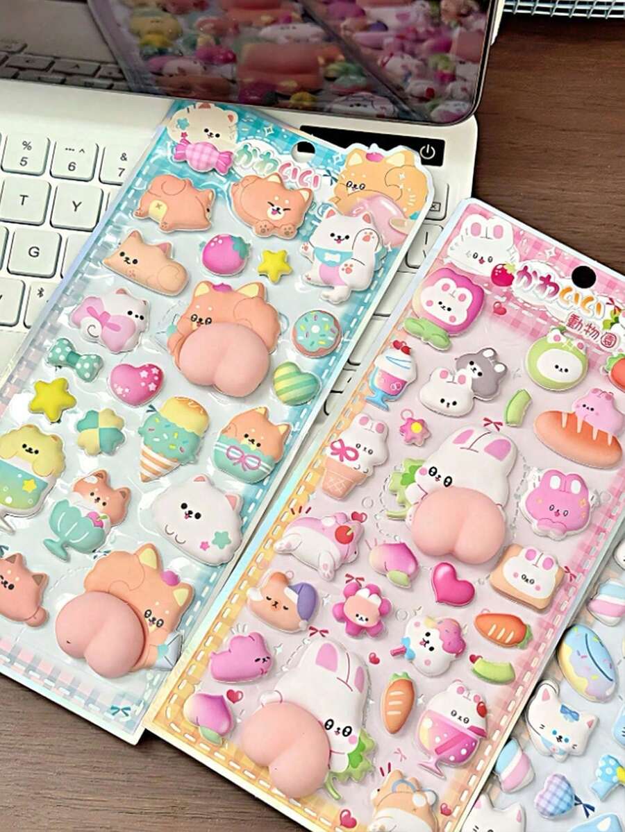 3D Squeeze Toy Stickers, Cute Cartoon Animal Baby Educational Handmade Decorative Phone Stickers