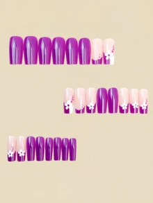 24 miếng dán móng tay họa tiết hoa tím, sọc và chấm bi, dụng cụ làm móng nghệ thuật, phong cách móng Y2K, miếng dán móng tay màu trơn. - Màu tím - Xem 3