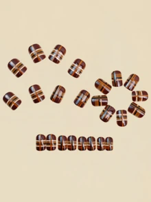 24片棕色条纹几何图案美甲贴纸，美甲用品，Y2K风格美甲 - 棕色 - 查看 4