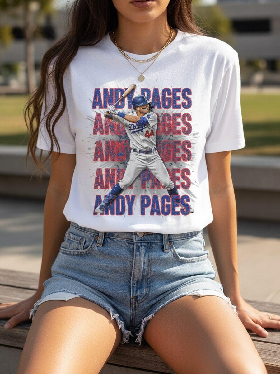 MLBPA Andy Pages Los Angeles Dynamic Stance Design T-Shirt 100% Cotton Short Sleeve Crew Neck #44 Baseball Player Graphic Tee Sports Fan Apparel Novelty Gift For Men Women Unisex-1 - 白色4 - 查看 1