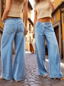 Quần jeans nữ dáng suông, phong cách bohemian, cạp chun, có túi, chất liệu denim, thích hợp cho mùa xuân. - Màu xanh nhạt - Xem 3