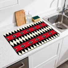 1/10 piezas Alfombrilla de secado de platos estilo bohemio, alfombrilla para escurridor de platos, alfombrilla para máquina de café. Diseñada con patrones geométricos en rojo, negro y blanco, incluyendo bordes dentados y patrones de rombos simétricos, decorada con elementos florales abstractos. - Multicolor - Ver 2