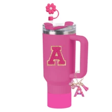 4件套A-Z杯子配件套装（30-40盎司） - 配件套装包含：1个吸管装饰盖、1个字母吊坠、1个硅胶杯底、1个字母贴纸，以及日常和节日惊喜礼物 - 玫紅色 - 查看 2