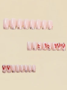 24pcs French Maple Leaf Pattern Nail Stickers, Multi-Color Glitter, Press-On Fake Nails, Nail Art Supplies, Y2K Style - Baby Pink - View 2