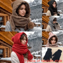 时尚休闲女士针织帽围巾套装，可爱毛球耳罩加厚针织帽，可水洗，适合秋冬季、情人节、户外活动，可作礼物