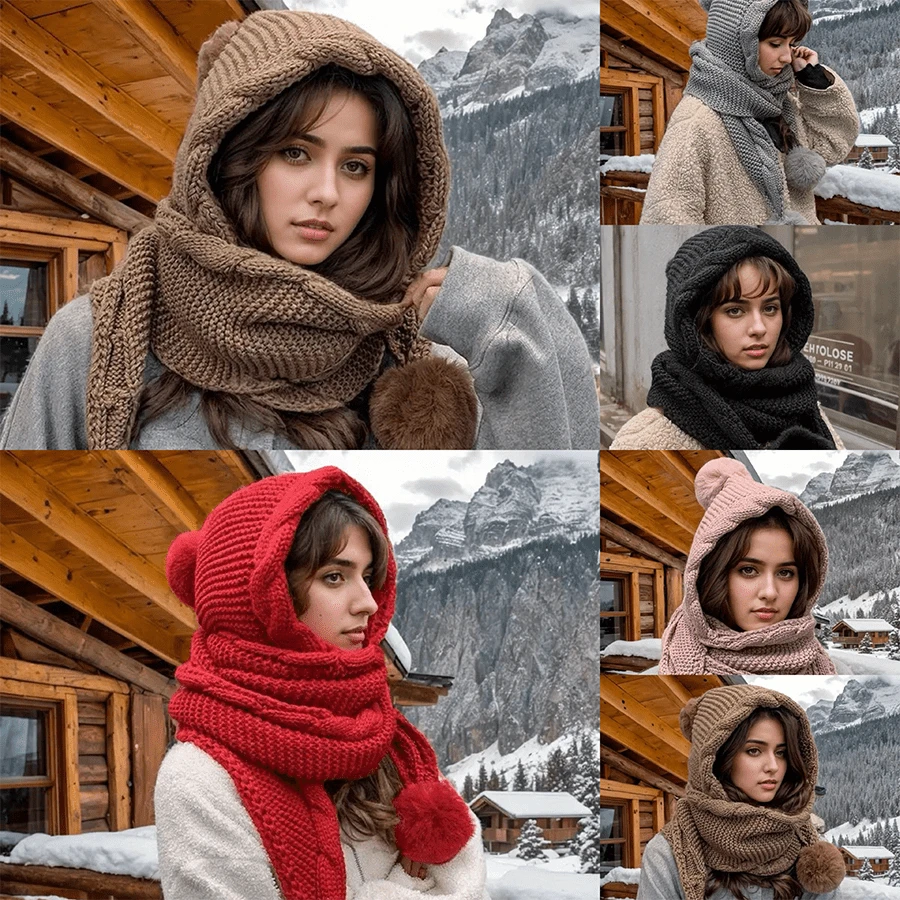 1pc Fashion Casual Women Knitted Hat & Scarf Set, Cute Pom Pom Ear Warmer Thick Knit Beanie, Washable, Suitable For Autumn/Winter, Valentine's Day, Outdoor, Gift