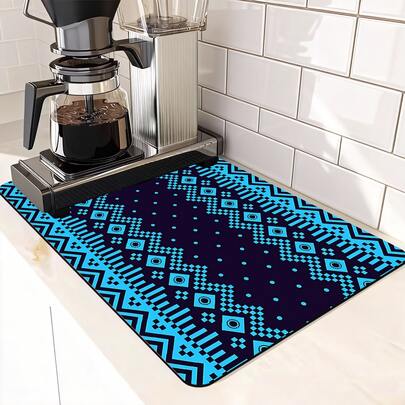 1/10件装波西米亚风沥水垫，沥水架，咖啡机垫。这款沥水垫采用蓝色几何菱形和波点图案设计，搭配锯齿状条纹边缘，整体外观优雅时尚。适用于厨房台面和咖啡店，这款快干、高吸水性且易于清洁的配件，背面采用防滑橡胶材质，可保护厨房台面。是居家装饰的必备单品。